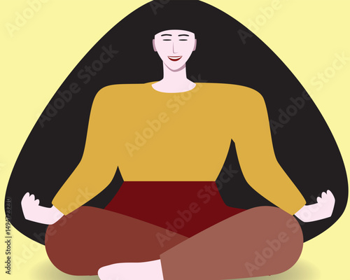 Asian or Chinese woman meditating for Mental Well being, slow mindfulness practices concept as Mindfulness, Meditation, flat vector stock illustration