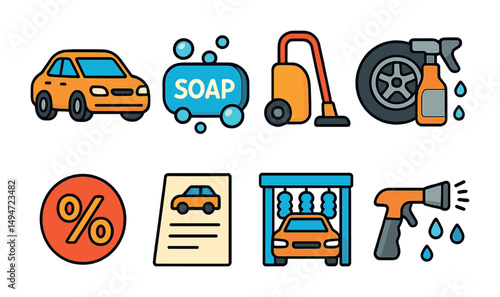Car wash icon set – flat, clean, automotive detailing symbols