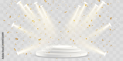 Vector 3d podium with spotlights png. Scene spotlight beams, studio lighting. Empty stage or pedestal. Podium for award ceremony, product presentation. Bright lighting with spotlights.