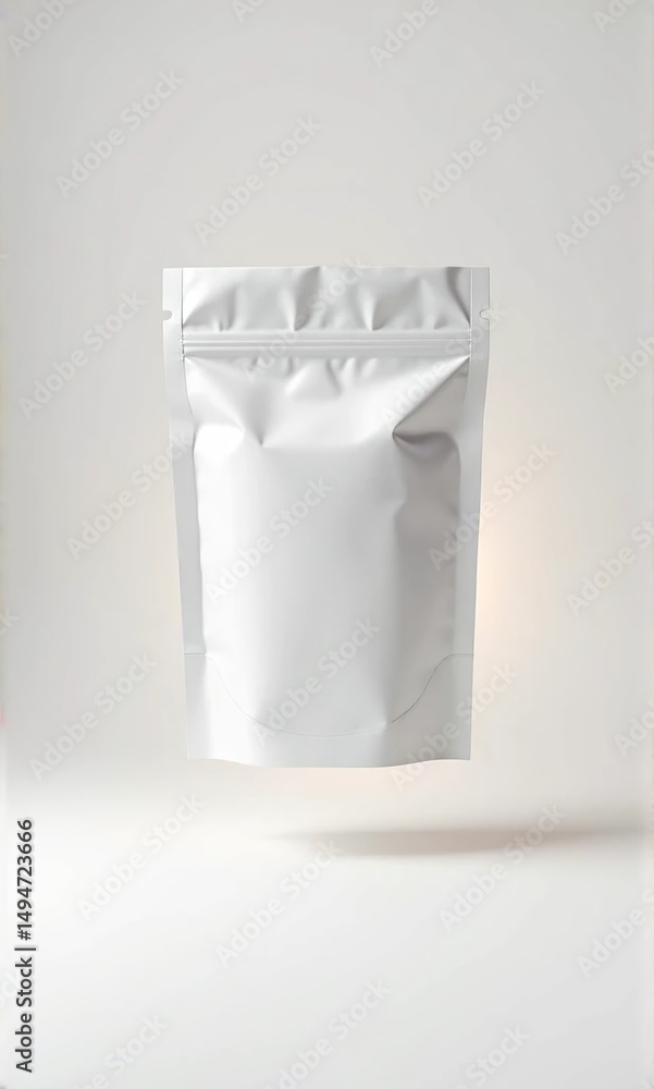 White standing pouch on white studio background, with soft natural lighting. Perfect for eco-friendly packaging and product mockup. White standing pouch on white studio background, with soft natural lighting. Perfect for eco-friendly packaging and product mockup.