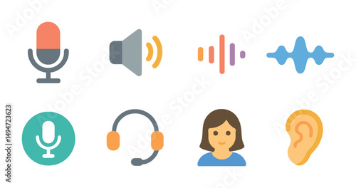 Audio and sound flat icons set – music, podcast, auditory symbols