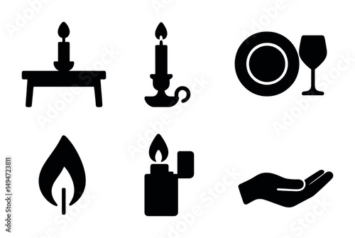 Dining and candle silhouette icons set – solid, filled, dinner and tableware graphics