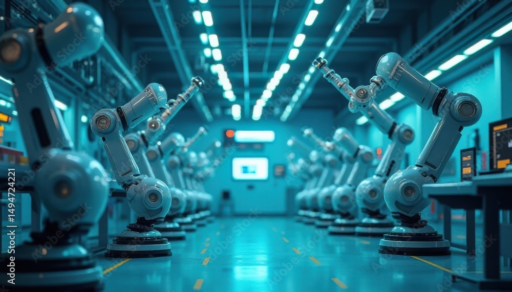 Fototapeta premium Rows Of Blue Industrial Robots In A Modern Factory