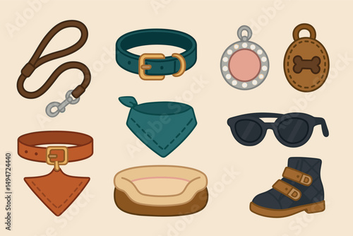 Pet accessories flat icons set – stylish, trendy, pet care symbols for designs