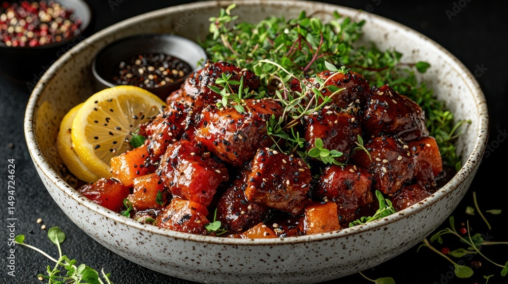 Glazed pork cubes with lemon and herbs in textured bowl Glazed pork cubes with lemon and herbs in textured bowl