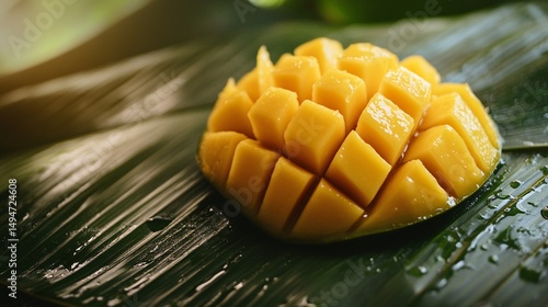 Juicy Mango Slices on a Lush Green Banana Leaf Background a Delicious Tropical Fruit Treat