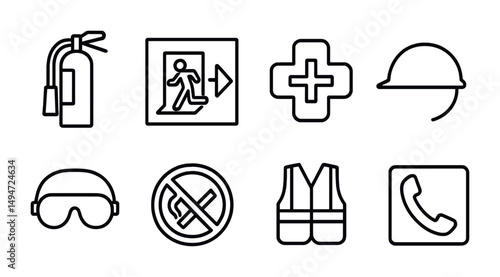 Essential safety icons set for emergency and workplace guidelines