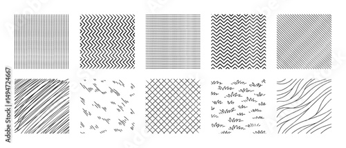 Crosshatch patterns collection - vertical, horizontal lines, zigzag and grid, waves and grass ink hatching. Shading textures set. Monochrome graphic design elements and decorative backgrounds.