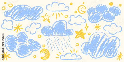 Kids crayon doodle style cloud shapes with rain drops, moons and stars illustration. Playful childlike textured sketch in pastel blue and yellow colors. Cute nursery room decor, baby linen prints.