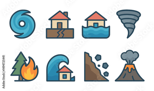 Natural disaster icons set – flat, line, emergency and safety symbols