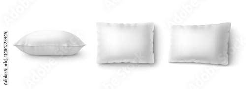 White rectangular bed pillows mockup top and side view. Realistic 3d soft fluffy plump pillowcases isolated on light background for branding designs, fabric prints, packaging templates.