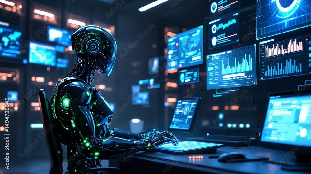 An advanced robot is analyzing data in a hightech control room An advanced robot is analyzing data in a hightech control room