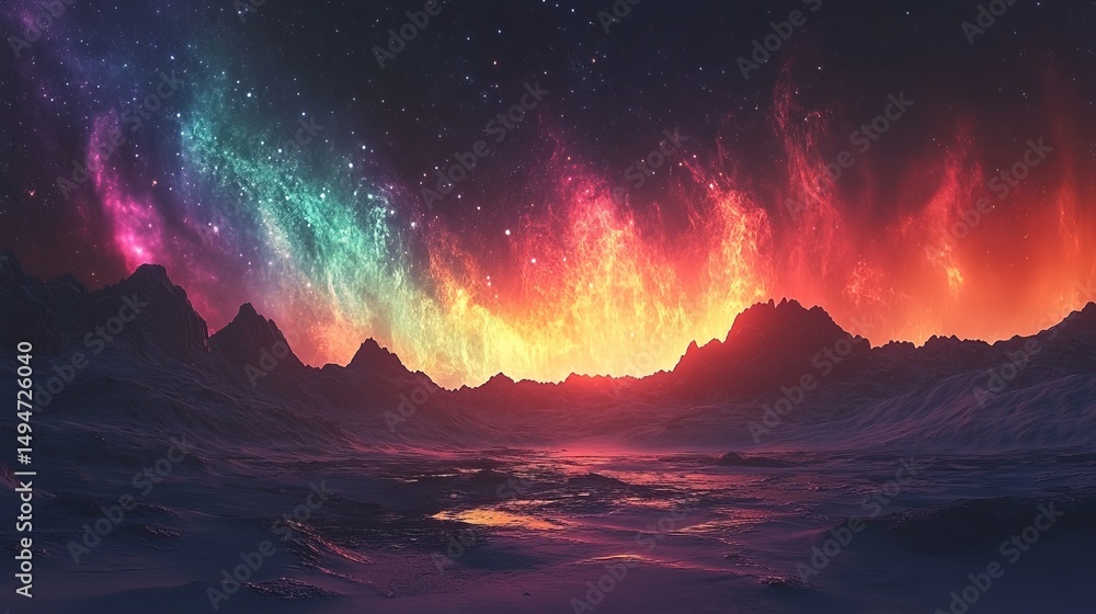 Naklejka premium A glowing aurora lighting up an alien sky with breathtaking colors