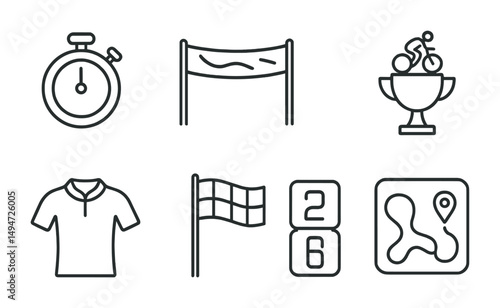 Cycling competition outline icons set – race, bike, sports-inspired symbols