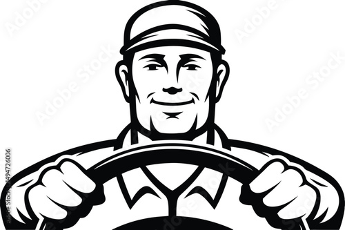 Confident Driver Holding Steering Wheel, Black and White Vector Illustration for Automotive Industry Designs                                          