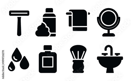 Bathroom essentials solid icons set - silhouette, hygiene, grooming symbols