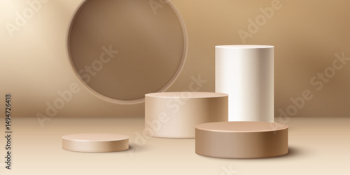 Beige cylindrical podiums or pedestals in varying heights - round platform stages for showcasing products. Soft brown minimalist background with elegant 3d stages and circle window