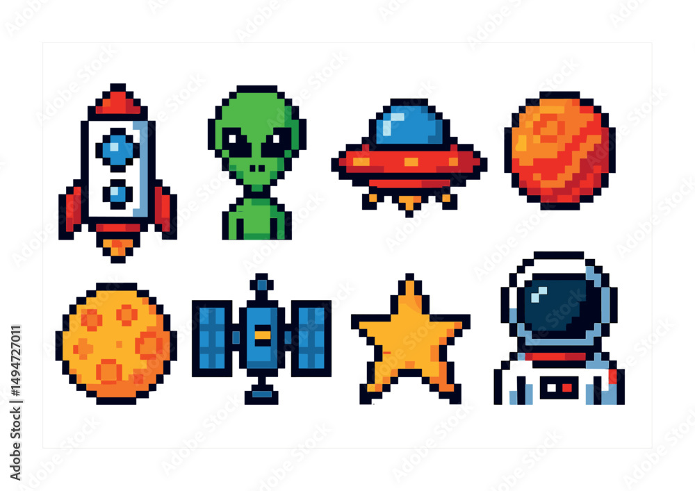 Space and alien pixel art icons set – planets, rockets, and extraterrestrial symbols Space and alien pixel art icons set – planets, rockets, and extraterrestrial symbols