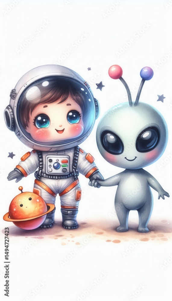 Fototapeta premium Adventure of a young astronaut and alien friend outer space digital art whimsical playful fantasy
