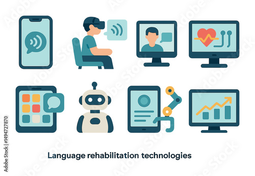 Language rehabilitation flat icons set – speech therapy, communication tools