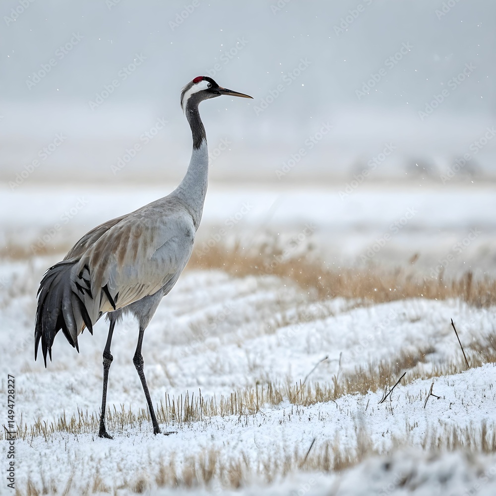 Obraz premium A Crane In A Snow Covered Field.