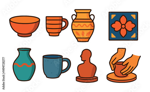 Ceramics and pottery icons set – flat, filled, crafting and art symbols