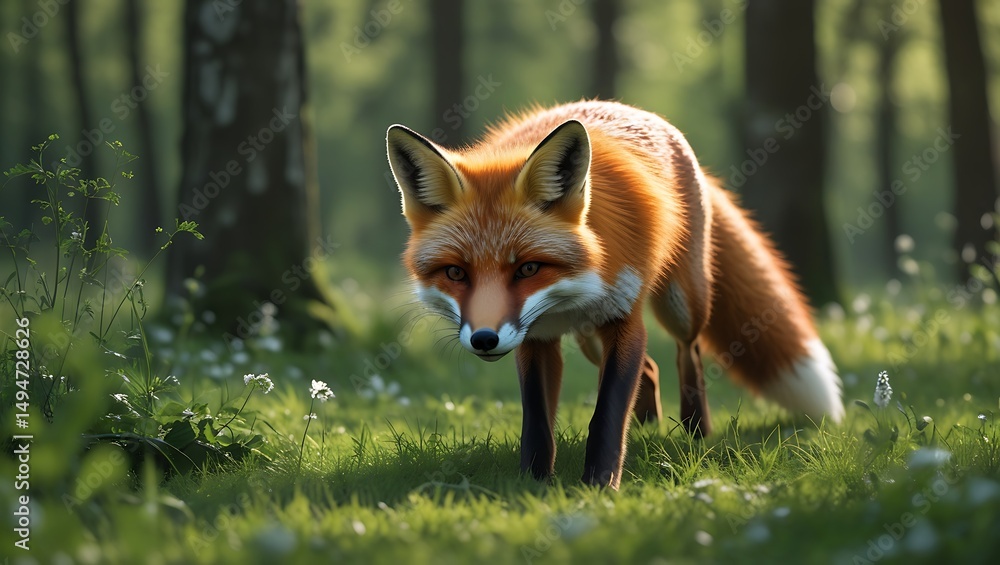 Obraz premium Red fox walking through a sunny forest