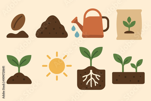 Gardening flat icons set – leafy, soil, plant growth symbols