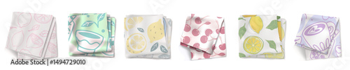 Kitchen towel napkin set with fruit patterns - cherry, lemon and tea print on pastel color fabric. Cute summer design for cotton cloth napkins collection. Folded tableware linens and handkerchiefs.