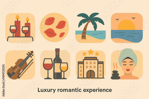 Luxury romantic experience flat icons set – love, relaxation, elegance visuals