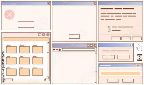 Retro user interface kit - vintage computer program window layouts, dialog boxes, button panels, text fields and scrollbars. Old school style graphic design elements collection for gui and web page.