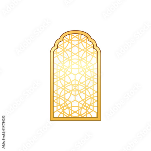 Golden Muslim Ramadan arch shape, vector traditional Islamic window or gate with Arabic arabesque pattern oriental style