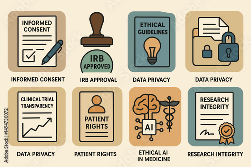 Research integrity flat icons set – clinical trial, data privacy, ethical guidelines
