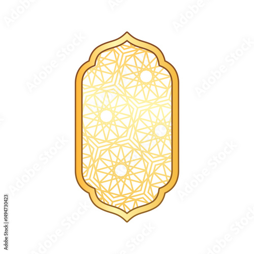 Traditional Islamic window arch frame with Arabic arabesque pattern oriental style, shiny golden Ramadan vector design