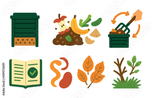 Composting outline icons set – flat, linear, recycling and sustainable living graphics