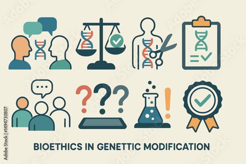Bioethics and genetic modification icons set – outline, linear, medical symbols