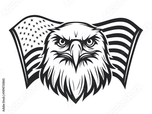 Bold Eagle Head Silhouette with American Flag Backdrop, Patriotism Symbol in Vector Design, Ready for Graphic Applications.                           