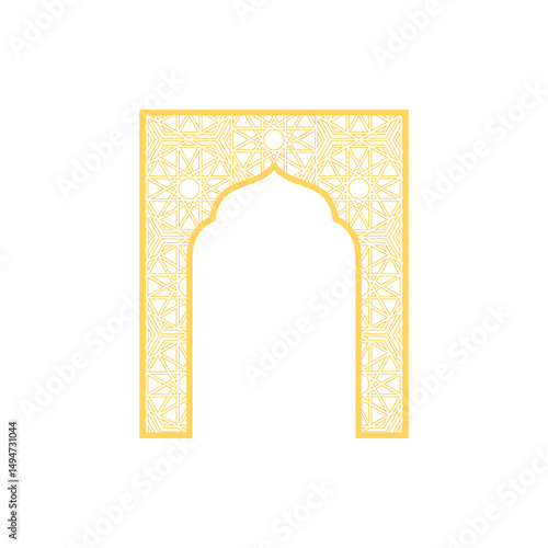 Golden Islamic arch gate with Arabic beautiful arabesque pattern oriental style, vector traditional Ramadan door frame