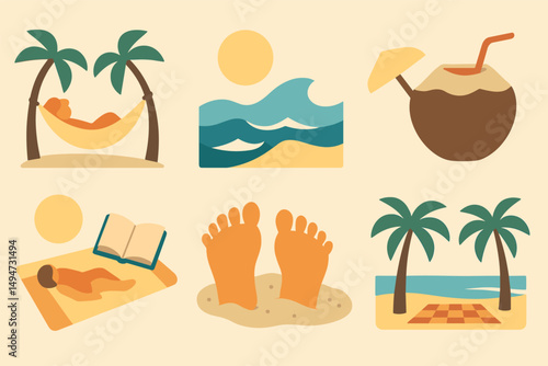 Summer vacation flat icons set – travel, beach, holiday symbols