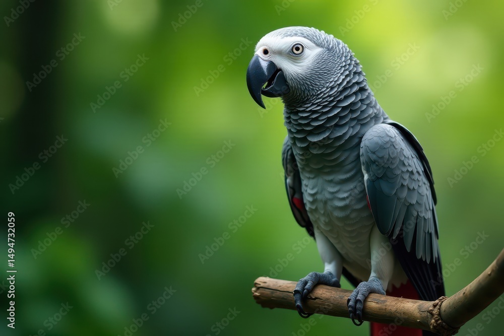 Fototapeta premium Intelligent African Grey parrot perched on branch, pet, wing