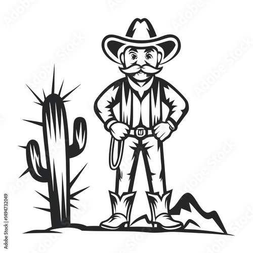 Stylized Cowboy Illustration with Cactus in Black and White, Ideal for Western Theme                                                                  