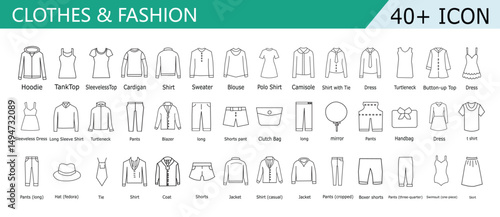 Clothes web line icons. Fashion icons. T-shirt, Pants, Jacket, Dress, Short, Shoe, Shirt symbols. vector illustrations.