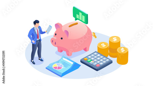 Character managing capital, profit, revenue, saving money in piggy bank, calculating tax, analyzing investments, funds. Business, financial management concept. Flat isometric vector illustration.