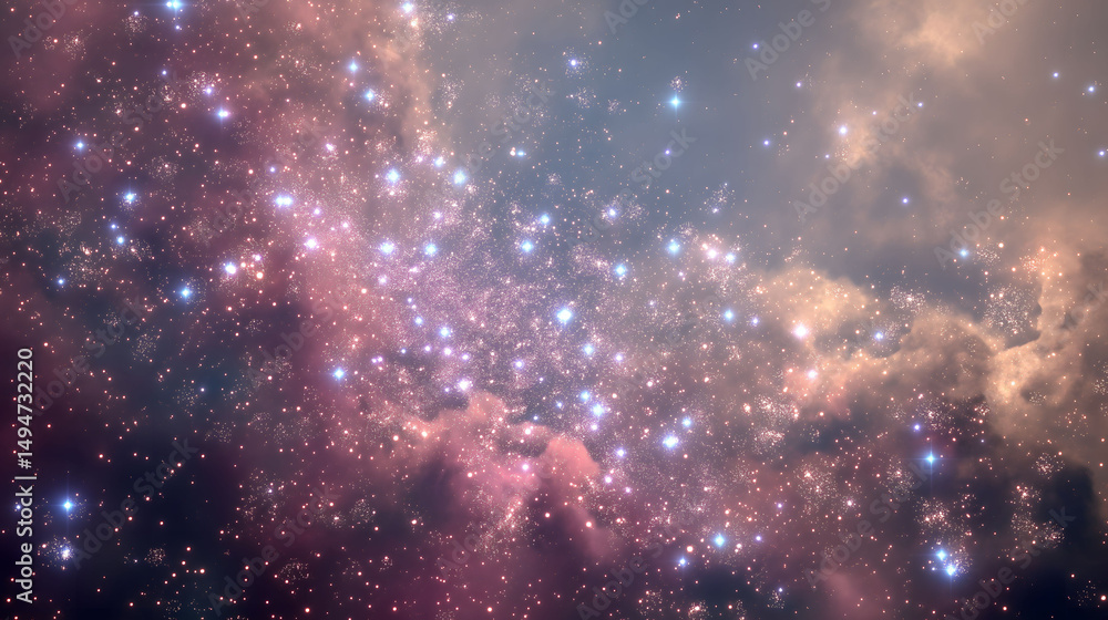 Obraz premium Detailed 3d rendering of celestial cluster featuring stars in various hues embedded in hazy region of colorful cosmic gas and dust