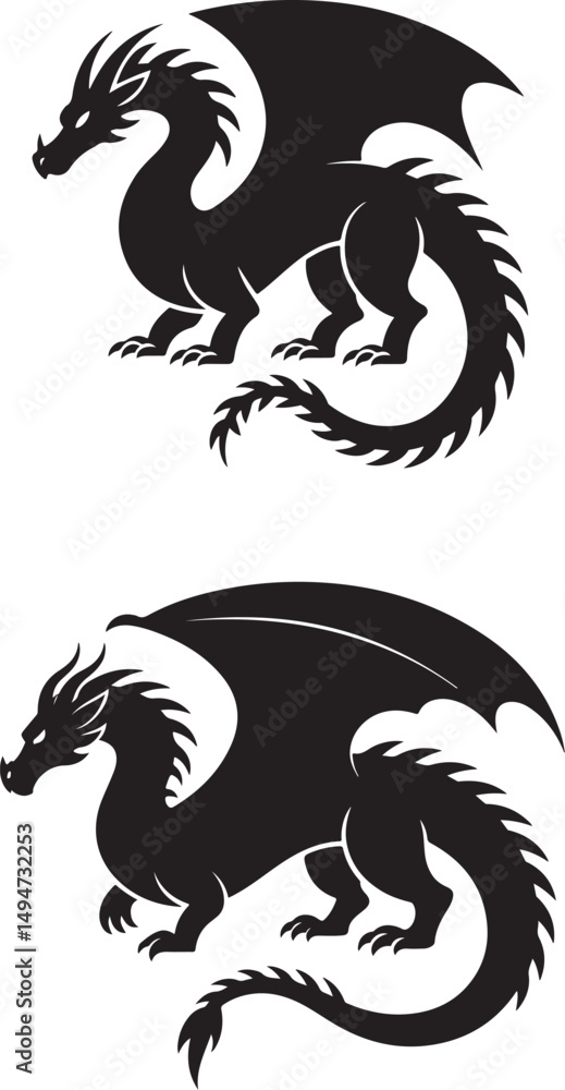 Black silhouette dragons in two different poses fantasy mythology creature vector illustration Black silhouette dragons in two different poses fantasy mythology creature vector illustration