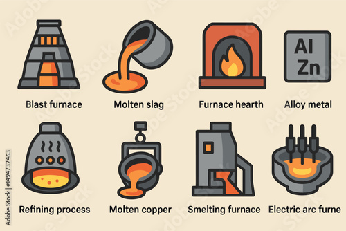 Industrial metallurgy icons set – flat, solid, refining and smelting symbols