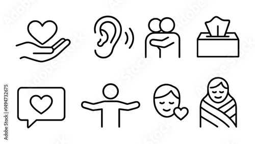 Empathy and care icons set – outline, linear, compassion and support symbols