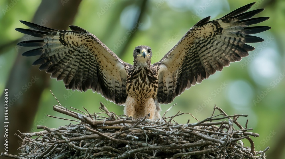 Fototapeta premium A Javan Hawk Eagle spreads its wings in its nest, background wallpaper AI generated image