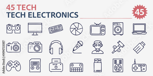 Doodle style set of tech electronics icons vector graphic illustration