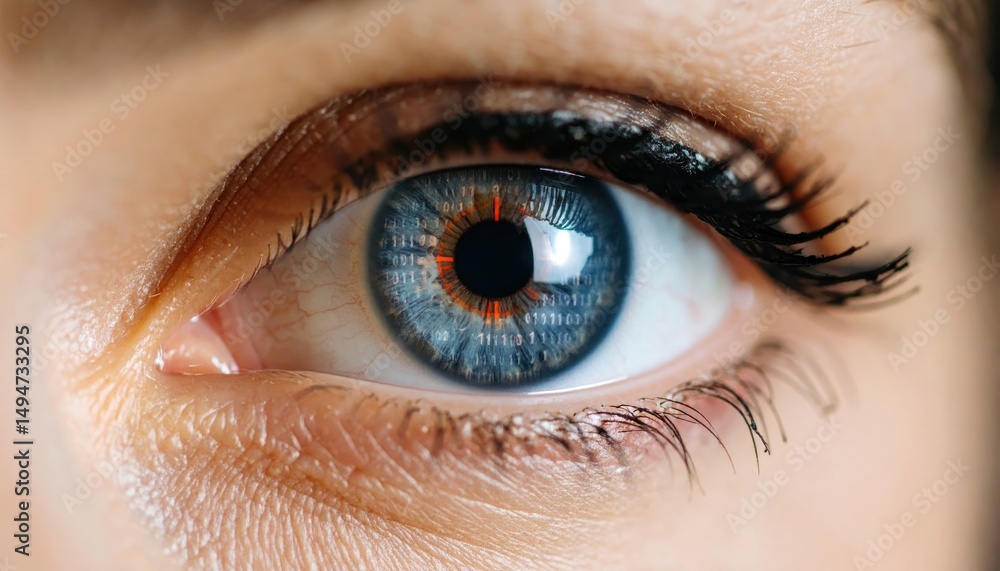Obraz premium Close-up of Blue Eye with Digital Binary Code Reflection Detail